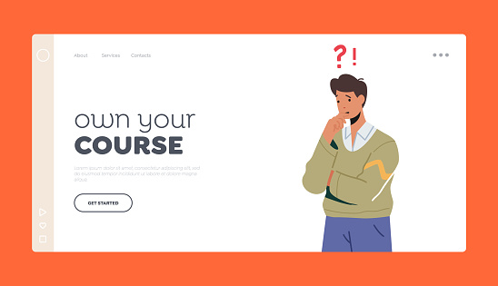 Male Character Searching Solution, Decision Landing Page Template. Thoughtful Serious Business Man Stand with Question Mark above Head Thinking. Faq Service, Solve Problem. Cartoon Vector Illustration