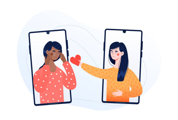 Online or mobile phone networking communication concept Online therapy of psychological problems concept. Online or mobile phone networking communication concept with a girl comforting a crying friend using smartphones, flat colored vector illustration woman comforting depressed friend stock illustrations