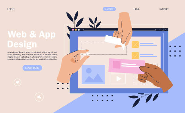 dijital cihaz ekranına eleman yerleştiren ellerle web tasarım konsepti - tasarımcı stock illustrations