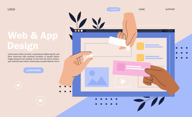 Web design concept with hands placing elements onto a digital device screen Web design concept with hands placing elements onto a digital device screen, flat cartoon colored vector illustration of a website landing page designer stock illustrations