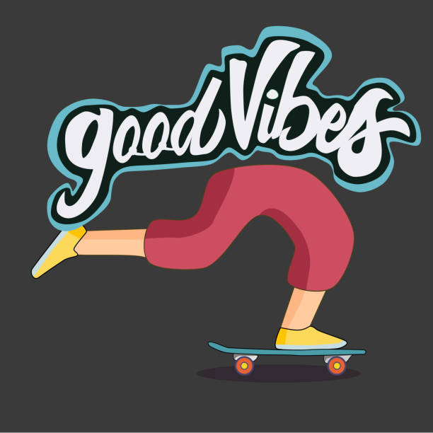istock Hand written lettering Good vibes. vector  illustration.  Cartoon legs riding on skateboard. 1308356526
