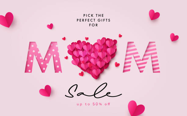 Mothers Day Sale banner. Holiday background with big heart made of pink and red Origami Hearts on soft pink background with paper cut Mom text. Mothers Day Sale banner. Holiday background with big heart made of pink and red Origami Hearts on soft pink background with paper cut Mom text. Modern design template for fashion ads, poster, flyer, card, website page happy mothers day stock illustrations