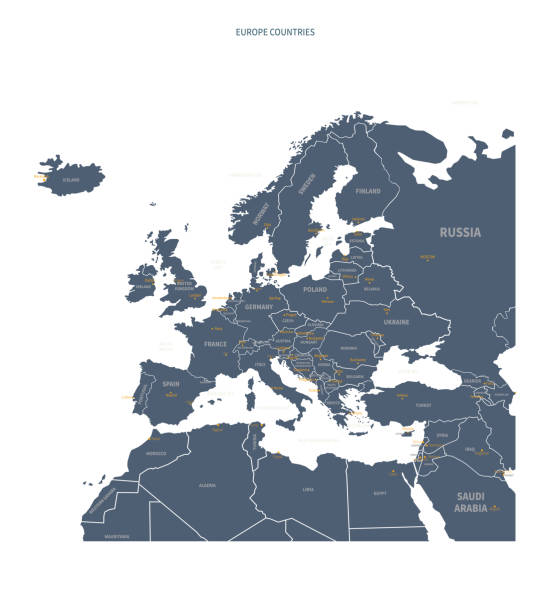 ilustraciones, imágenes clip art, dibujos animados e iconos de stock de un mapa detallado de europa. vector de mapa europeo con nombre de país y capital. - áfrica del norte