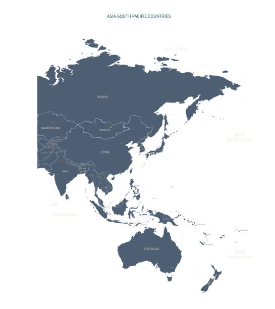 ilustraciones, imágenes clip art, dibujos animados e iconos de stock de un mapa detallado de asia-oceanía. asia -vector de mapa del pacífico sur con nombre de país y capital. - west china