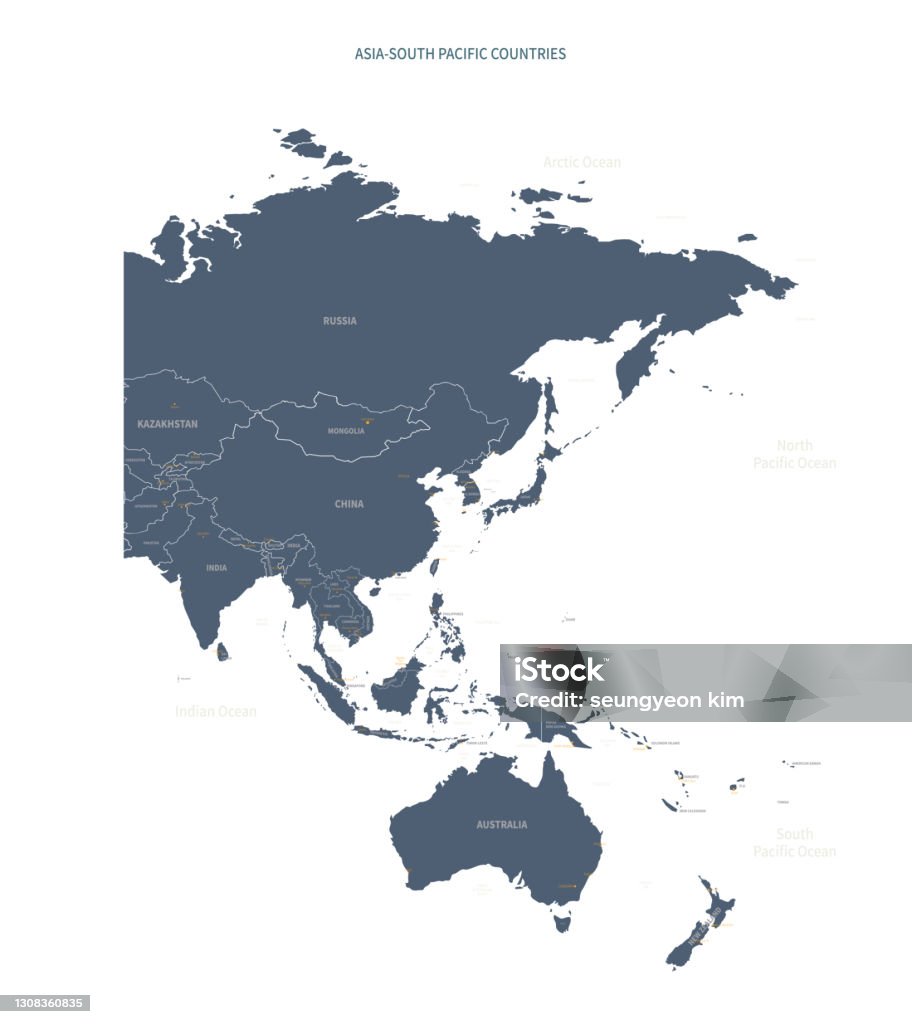 A detailed map of Asia-Oceania. Asia -South Pacific map vector with country and capital name. countries vector map. Indo-Pacific Ocean stock vector