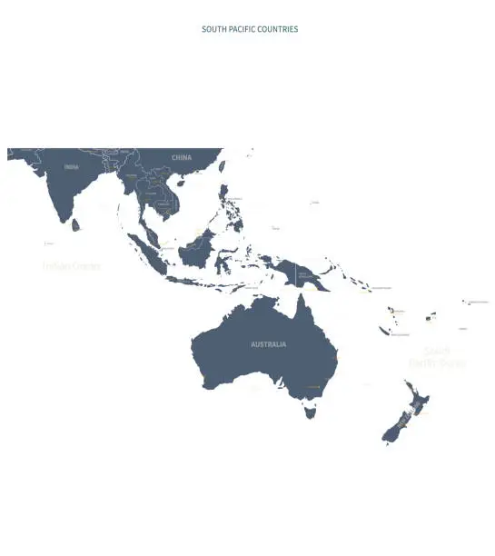 Vector illustration of A detailed map of South Pacific. South Pacific map vector with country and capital name.