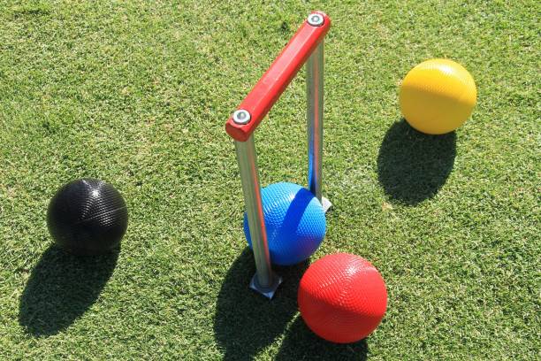 istock Croquet balls and hoop from an overhead angle 1308363447
