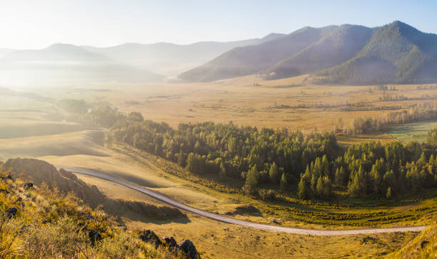 istock Misty summer morning. Rural landscape, over a mountain valley. 1308367186