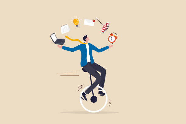 ilustrações de stock, clip art, desenhos animados e ícones de productive master, productivity and project management skill, multitasking work and time management concept, skillful businessman riding unicycle juggling elements, laptop, calendar, ideas and emails. - perfection