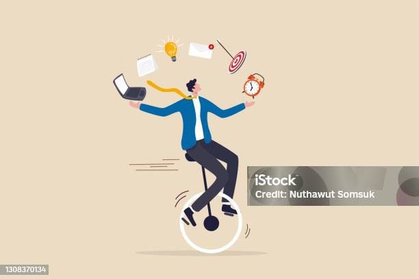 Productive Master Productivity And Project Management Skill Multitasking Work And Time Management Concept Skillful Businessman Riding Unicycle Juggling Elements Laptop Calendar Ideas And Emails Stock Illustration - Download Image Now