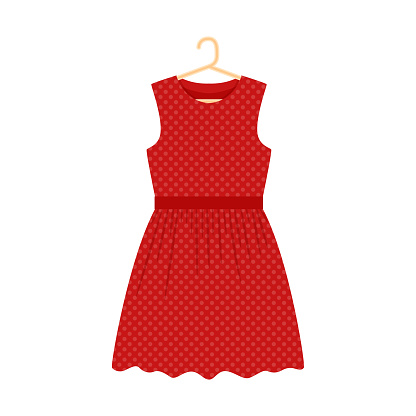 Red polka dot dress on a hanger. Summer sundress without sleeves. Women's clothing. Vector illustration in a flat style. Isolated on white