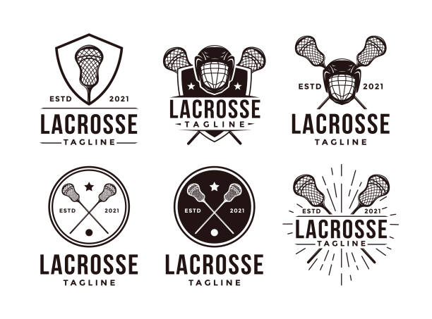 set von vintage siegel abzeichen lacrosse sport mit gekreuzten lacrosse ausrüstung vektor-symbol auf weißem hintergrund - lacrosse stock-grafiken, -clipart, -cartoons und -symbole