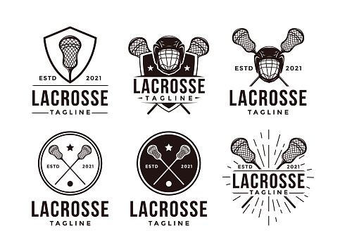 Set of Vintage seal badge lacrosse sport with crossed lacrosse equipment vector icon on white background