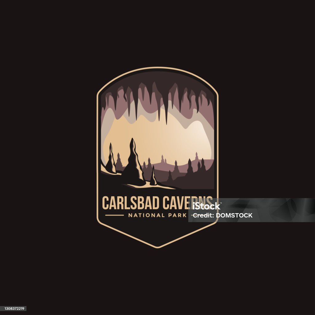 Emblem patch vector illustration of Carlsbad Caverns National Park on dark background Cave stock vector