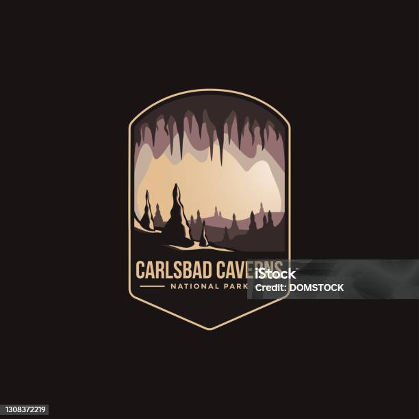Emblem Patch Vector Illustration Of Carlsbad Caverns National Park On Dark Background Stock Illustration - Download Image Now