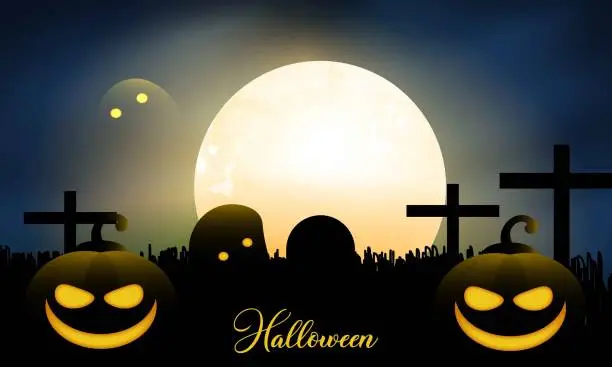 Vector illustration of Spooky halloween background with graveyard stones silhouettes, dark horror background. Celebration theme, copyspace for text.