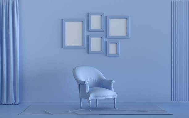 Flat color interior room for poster showcase with 5 frames  on the wall, monochrome light blue color gallery wall with single chair, without plant. 3D rendering