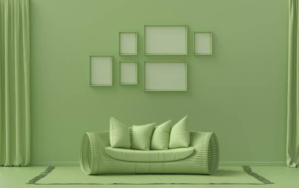istock Poster frame background room in flat light green color with 6 frames on the wall, solid monochrome background for gallery wall mockup, 3d rendering 1308373313