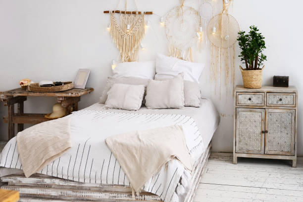 istock Bedroom with a large bed and a bedside table 1308374251