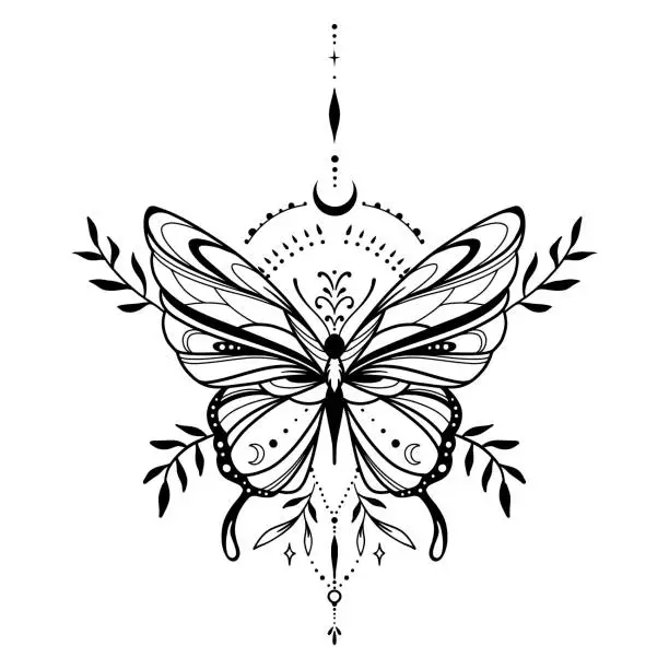 Vector illustration of Vector illustration with hand drawn butterfly with moon. Abstract mystic sign. Black linear shape. For you design, tattoo or magic craft.