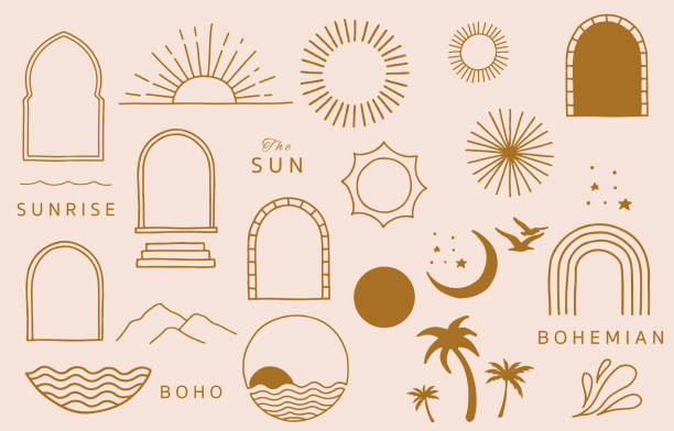 ilustraciones, imágenes clip art, dibujos animados e iconos de stock de colección de diseño de línea con sol, mar, ola. ilustración vectorial editable para sitio web, pegatina, tatuaje, icono - estilo boho