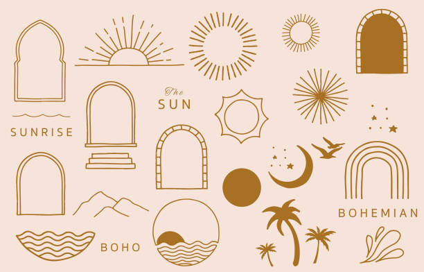 태양, 바다, 파도라인 디자인 컬렉션. 웹 사이트, 스티커, 문신, 아이콘에 대한 편집 가능한 벡터 일러스트레이션 - 태국 일러스트 stock illustrations