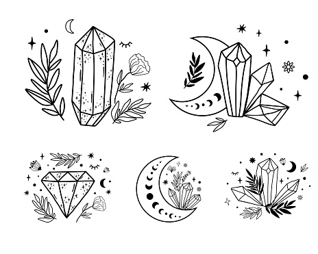 Celestial Set Moon Crystal Set Hand Drawn Lines Magic Celestial Crystals  Stars Flowers Mystical Boho Element Stock Illustration - Download Image Now  - iStock