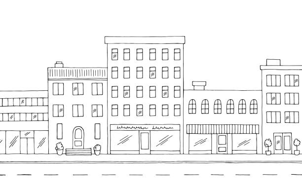 ilustrações de stock, clip art, desenhos animados e ícones de street road graphic black white city landscape sketch illustration vector - fachada loja