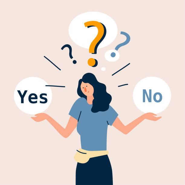 Yes or No Young girl standing confusedly to choose YES or NO. Concept of choice, selection, answer, reply, accept of refuse. Flat style vector illustration cartoon character. yes no icon stock illustrations