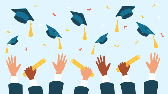University and college graduates hold a diploma scroll, throw up a square academic cap, confetti. Happy graduation concept. Vector stock illustration.