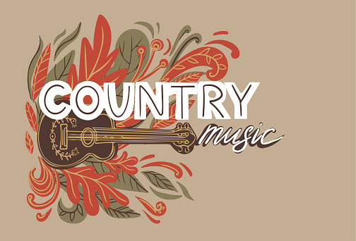 Country music concept with Acoustic guitar and hand lettering.Elements for music festival, banner etc. in trendy warm colors. Vector illustration.