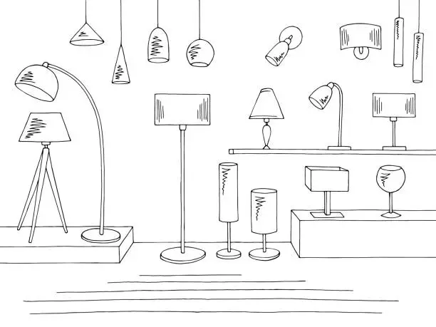 Vector illustration of Lamp store shop graphic black white interior sketch illustration vector