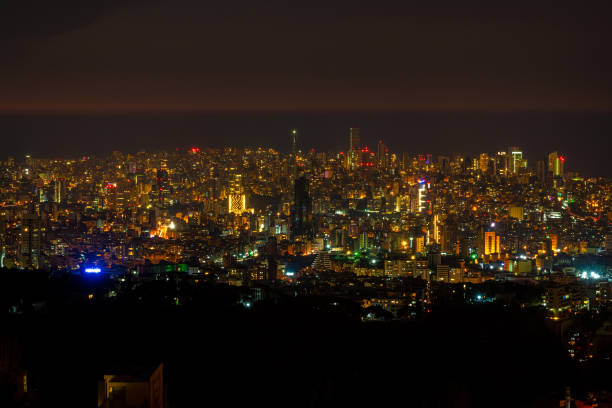beirut over view at night with lights on buildings, Lebanon