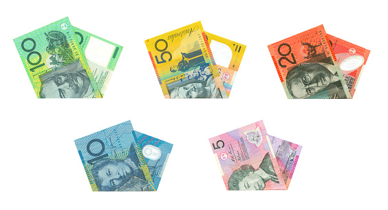 Set of Australian dollars on white background