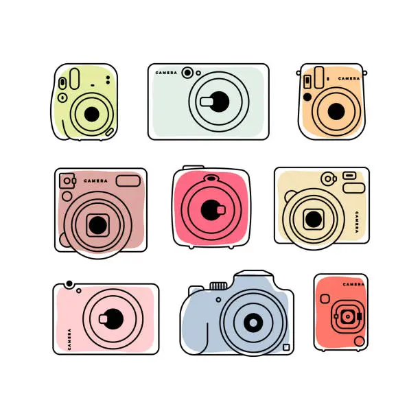 Vector illustration of set of colored vector camera icons isolated on white background