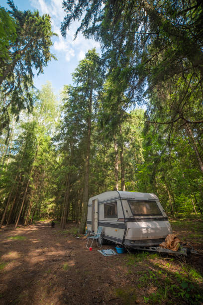 istock camper in the forest by the lake 1308381218