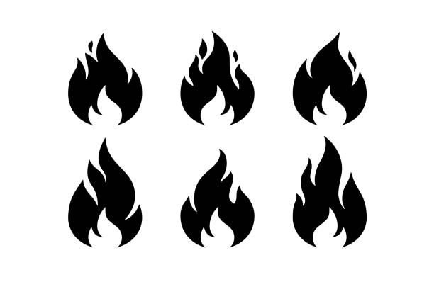 Fire, flame. Black white flame collection set Fire, flame. Flame in abstract style on white background. Flat fire collection set. Modern art isolated graphic. Fire sign. Vector Illustration flame symbols stock illustrations