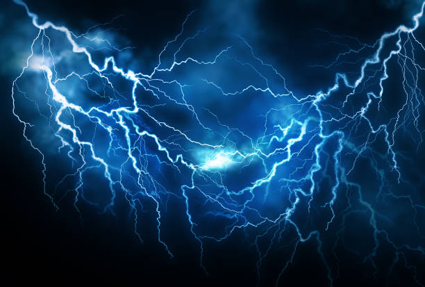 istock Flash of lightning on dark background. Thunderstorm 1308381405