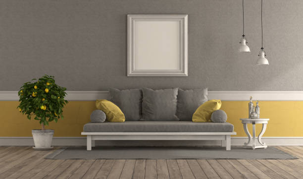 istock Gray and yellow retro living room 1308382157