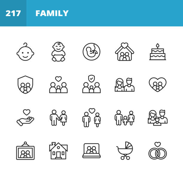 ikony linii rodzinnej. edytowalny obrys. pixel perfect. dla urządzeń mobilnych i sieci web. zawiera takie ikony jak rodzina, rodzic, ojciec, matka, dziecko, dom, miłość, opieka, ciąża, uścisk dłoni, wsparcie, razem, wspólnota, rodzina wielopokole - multi generation family obrazy stock illustrations