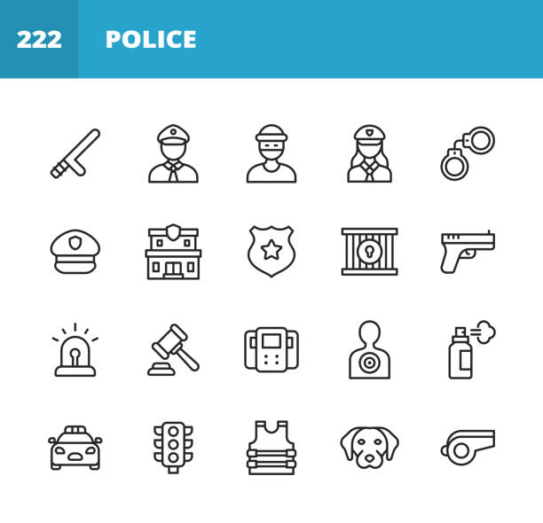 polizei und strafverfolgungsbehörden line icons. bearbeitbarer strich. pixel perfekt. für mobile und web. enthält wie polizisten, polizistin, dieb, handschellen, weste, polizeistation, pistole, recht, verkehr, gefängnis, auto, hund, verbrecher, sicherh - gun stock-grafiken, -clipart, -cartoons und -symbole