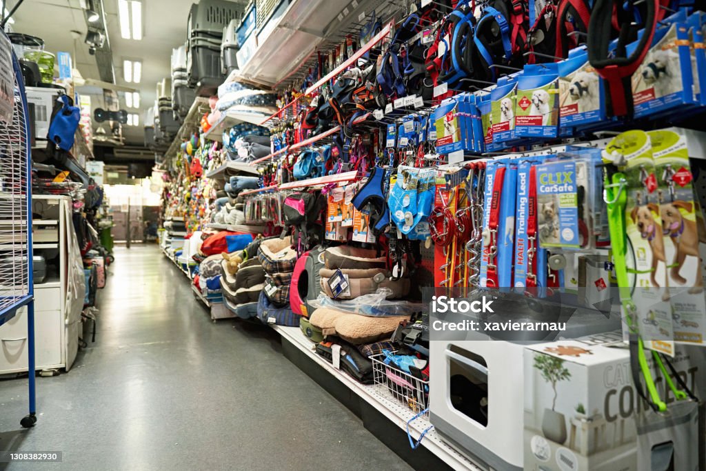 Retail Displays in Pet Shop View of unoccupied aisle with large group of animal care merchandise for sale on either side. Pet Shop Stock Photo