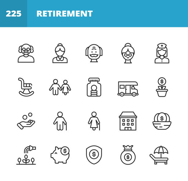 ikony linii emerytury. edytowalny obrys. pixel perfect. dla urządzeń mobilnych i sieci web. zawiera takie ikony jak senior, para, bujane krzesło, oszczędności, inwestycje, wakacje, dom emerytalny, ogrodnictwo, ubezpieczenie, budżet, skarbonka, finans - pension retirement 401k nest egg stock illustrations