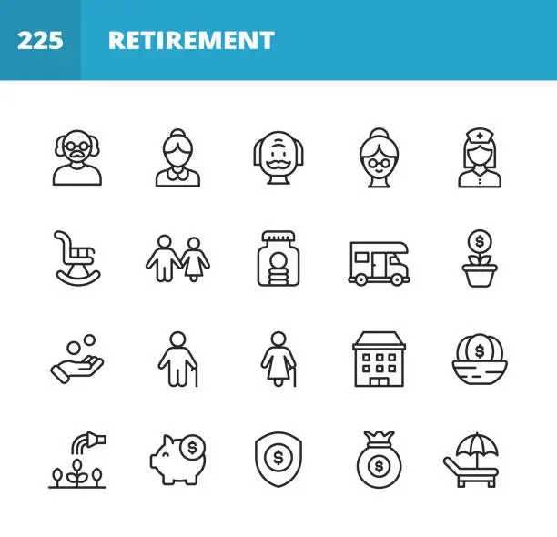 Vector illustration of Retirement Line Icons. Editable Stroke. Pixel Perfect. For Mobile and Web. Contains such icons as Senior, Couple, Rocking Chair, Savings, Investment, Holiday, Retirement Home,  Gardening, Insurance, Budget, Piggy Bank, Finance, Nest Egg.