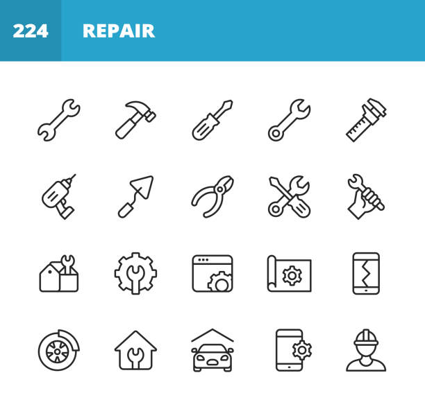 Repair Line Icons. Editable Stroke. Pixel Perfect. For Mobile and Web. Contains such icons as Wrench, Screwdriver, Repairing, Work Tools, Service, Workshop, Gear, Engineering, Maintenance, Garage, Construction, Mechanic, Renovation, Engine, Inspection. 20 Repair Outline Icons. Wrench, Screwdriver, Hammer, Human Hand, Repairing, Using Work Tools, Web Browser, Settings, Service, Workshop, Gear, Engineering, Blueprint, Transportation, Maintenance, Garage, Mechanic, Customer Service, Technology, Shovel, Construction, Using Smartphone, Car Wheel, Car Mechanic, Renovation, Engine, Inspection. hand wrench stock illustrations