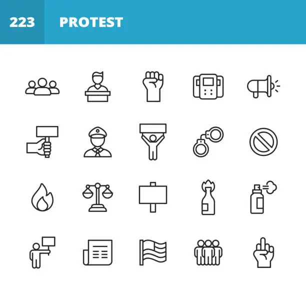 Vector illustration of Protest Line Icons. Editable Stroke. Pixel Perfect. For Mobile and Web. Contains such icons as Crowd, Speech, Justice, Fist, Banner, Police, Law, Flag, Gun, Violence, Location, Politics, Social Justice, Equality, Diversity, Government, Freedom.