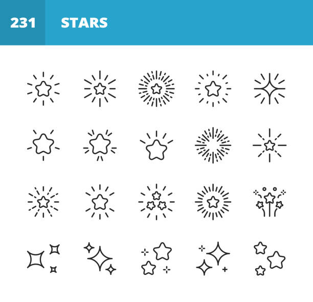 ilustrações de stock, clip art, desenhos animados e ícones de star line icons. editable stroke. pixel perfect. for mobile and web. contains such icons as star shape, celebrities, rating, quality, award, ornate, lens flare, christmas, new year’s eve, glamour, sparks glitter, party, decoration, firework, luxury. - lens flair