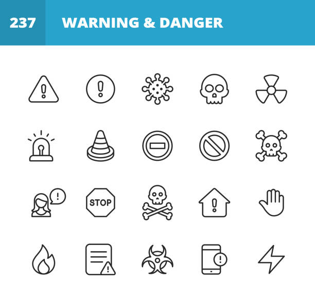ikony linii ostrzegawczej i niebezpiecznej. edytowalny obrys. pixel perfect. dla urządzeń mobilnych i sieci web. zawiera takie ikony jak znak ostrzegawczy, niebezpieczeństwo, alert, wypadek, przestroga, zatrzymanie, komunikacja, wirus komputerowy, haker - danger warning sign warning symbol exclamation point stock illustrations