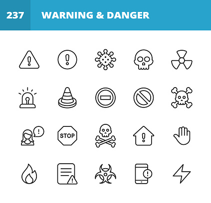 20 Warning and Danger Outline Icons. Warning Sign, Danger, Alert, Accident, Banner, Caution, Stop, Virus, Coronavirus, Cold and Flu, Scull, Email, Message, Communication, Computer Virus, Hacker, Identity Thief, Thief, Biohazard Symbol, Radioactive, Siren, Trojan Horse, Eye, Telephone, Information, Risk, Protection, Safety, Traffic, Road, Thunder, Fire, Human Hand, Error Message, Problem.