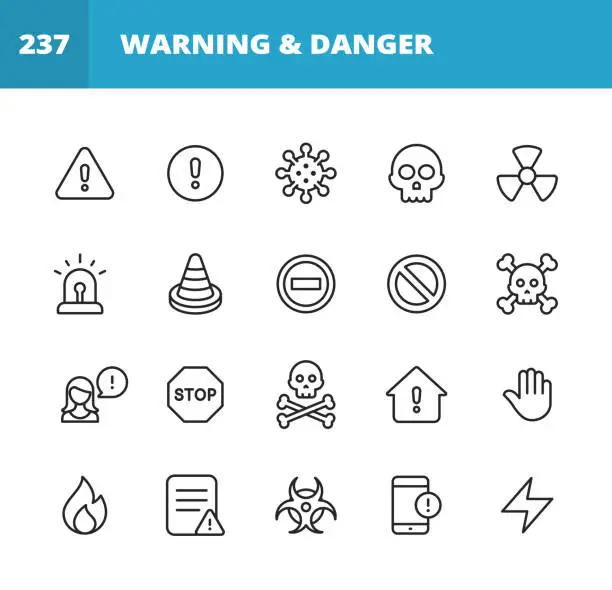 Vector illustration of Warning and Danger Line Icons. Editable Stroke. Pixel Perfect. For Mobile and Web. Contains such icons as Warning Sign, Danger, Alert, Accident, Caution, Stop, Communication, Computer Virus, Hacker, Identity Thief, Biohazard, Protection, Error Message.
